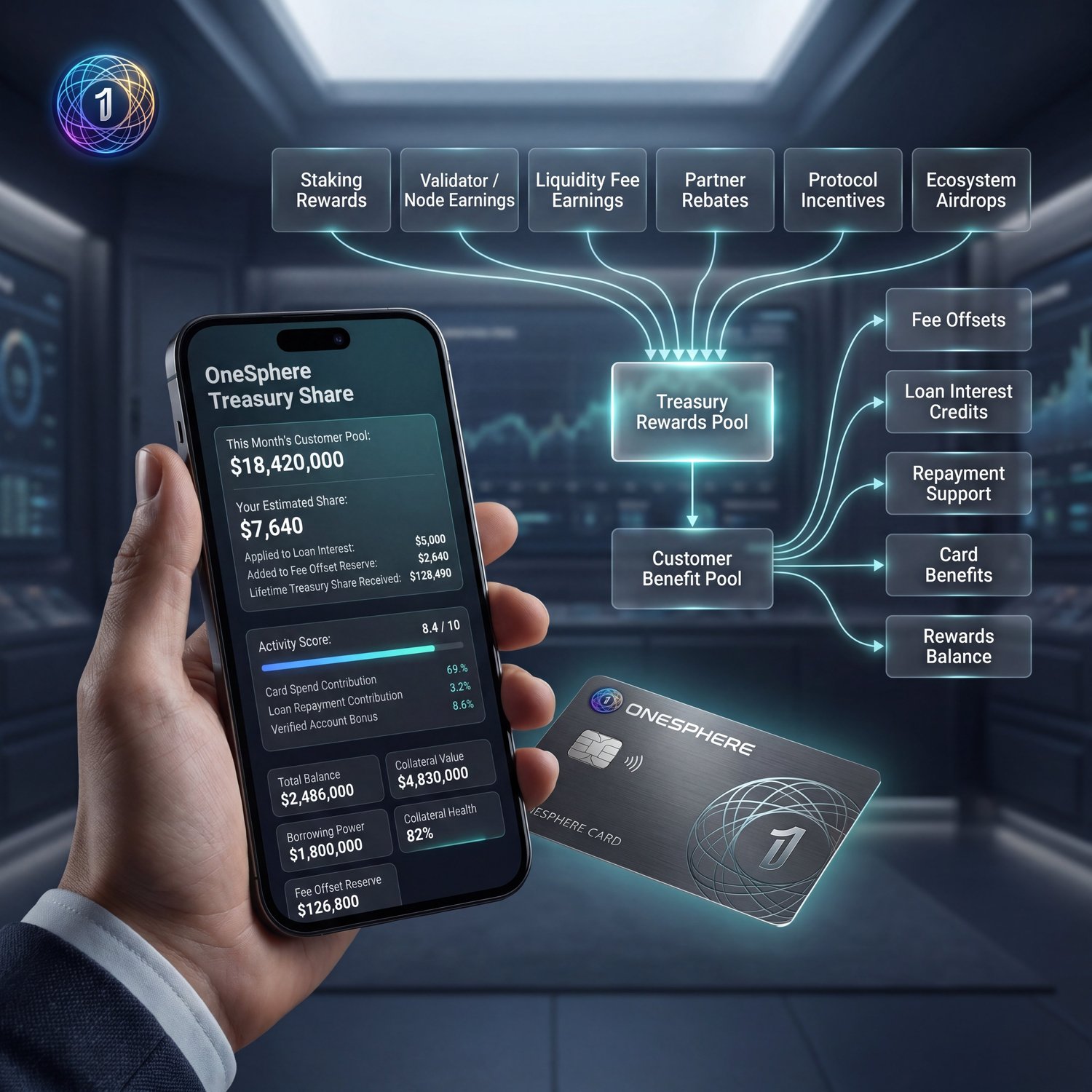 OneSphere Treasury Share in-app dashboard alongside the flow of treasury sources (staking, validator earnings, liquidity fees, partner rebates, protocol incentives, ecosystem airdrops) into the customer benefit pool, applied toward fee offsets, loan interest credits, repayment support, card benefits, and rewards balance.